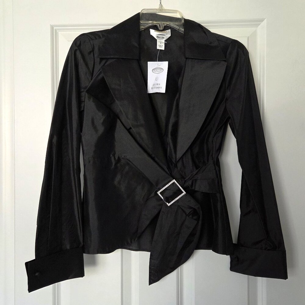 Talbots Black Formal Silk Blouse w Decorative Rhinestone Side Buckle
